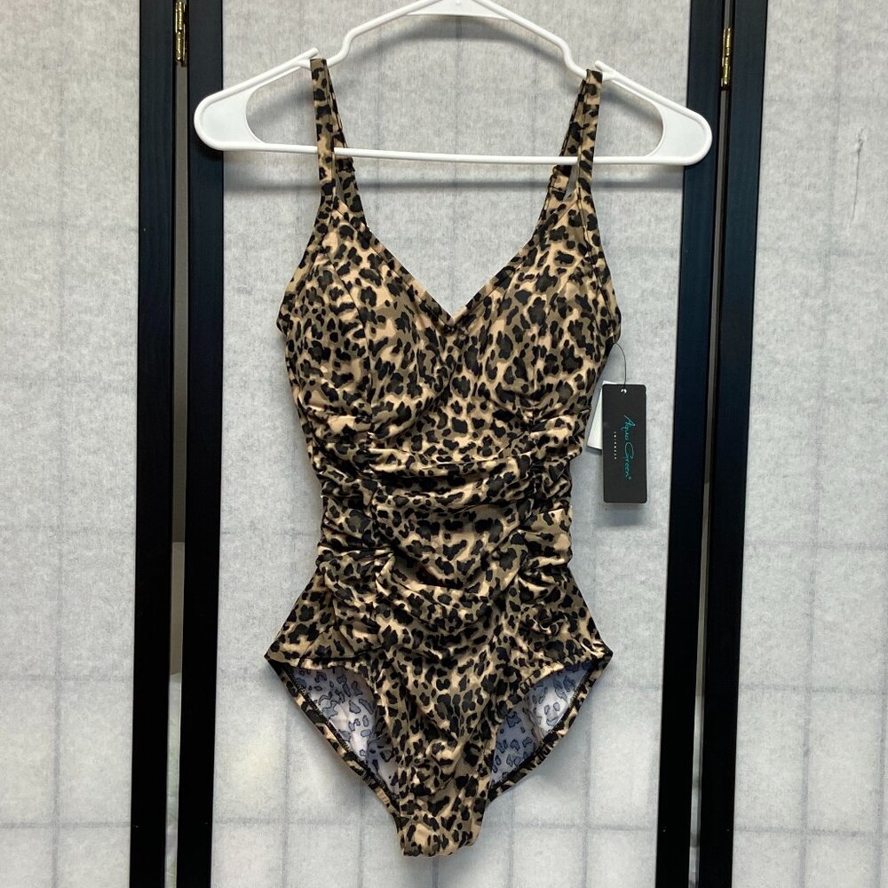 Aqua Green S Leopard Print One Piece Low V Neck Shirred Side Front Swimsuit NWT